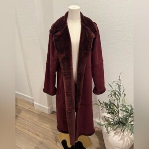 Centigrade Merlot Faux Fur lined Women's long button up Coat size large